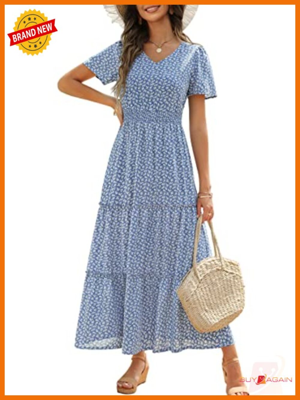 Womens Floral Maxi Dress Short Sleeve VNeck Smocked Waist Tiered A-Line